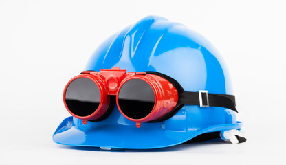 blue helmet and red welder glasses