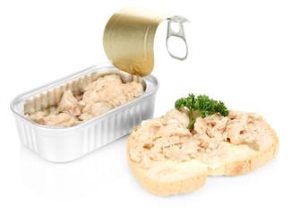 Open tin can and tasty sandwich with cod liver, isolated