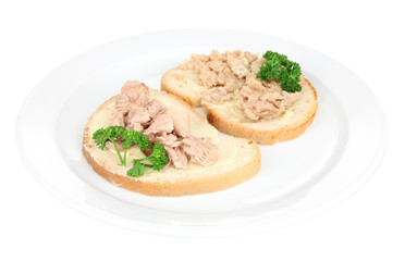 Tasty sandwiches with tuna and cod liver, isolated on white
