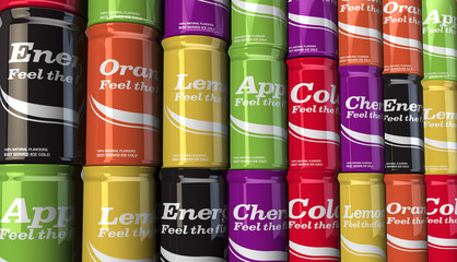 Selection of fizzy soda drinks on a shop supermarket shelf