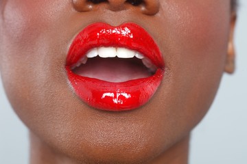 Red Lips Makeup Detail With Sensual Open Mouth