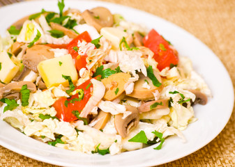 salad with chicken, mushrooms, cheese and vegetables