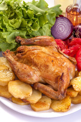 roast chicken with potatoes, vegetables and salad