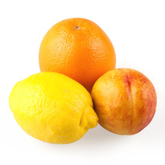 set of lemon, orange, peach and white background