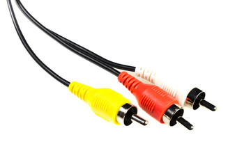 Video and audio wire jack on a white