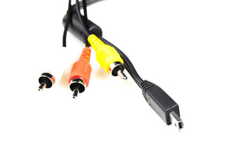 Video and audio wire jack on a white