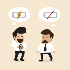 Businessman suggest another man to recharge battery or take a re