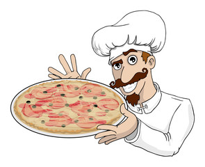 talian chef presenting a freshly baked pizza
