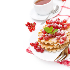 waffles with red currant, sprinkled powdered sugar for breakfast