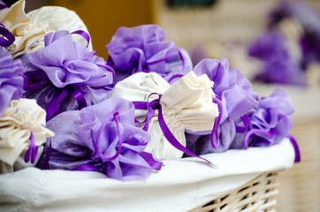 Violet and white packets with lavender flowers
