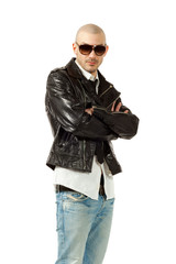 portrait of man with black leather jacket,
