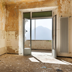 abandoned building, empty room with window