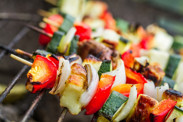 Skewers with chiken and vegetables on the grill