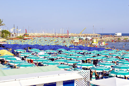 Liguria summer beach panorama color image