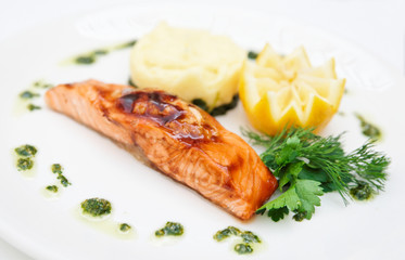 Grilled salmon on plate