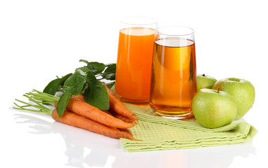 Glasses of juice, apples and carrots, isolated on white