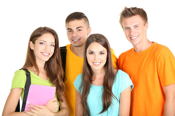 Happy group of beautiful young students, isolated on white