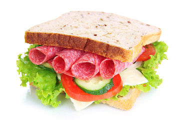 Tasty sandwich with salami sausage and vegetables, isolated