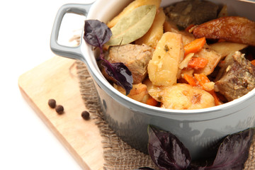 Homemade beef stir fry with vegetables in color pan,