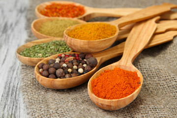 Assortment of spices in wooden spoons on wooden background