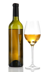Wine bottle and wineglass with white wine, isolated on white