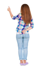 Back view of  woman thumbs up.