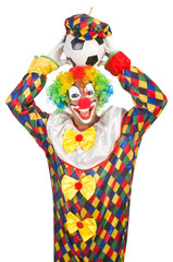 Clown with football ball on white