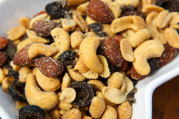 Different kinds of nuts as a salty snack