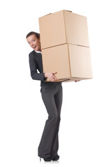 Woman businesswoman with boxes on white