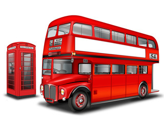 Obraz na płótnie Canvas Britischer Doppelstockbus mit Telefonzelle