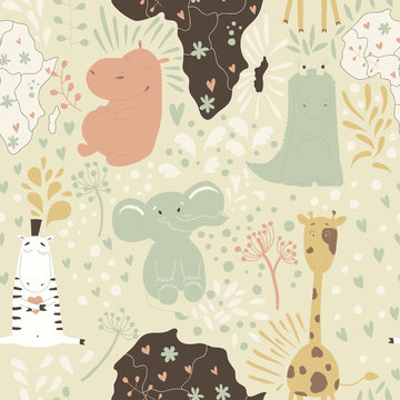Cute cartoon seamless pattern with wild animals from Africa. 