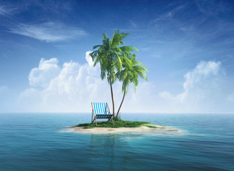 Desert tropical island with palm tree, chaise lounge. - obrazy, fototapety, plakaty