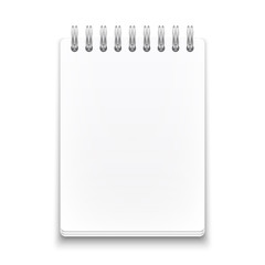 Blank spiral notebook on white background.