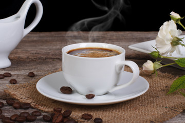 hot black coffee on the table. romantic morning