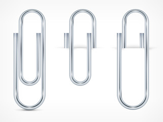 Metallic clips on white paper sheet, vector illustration