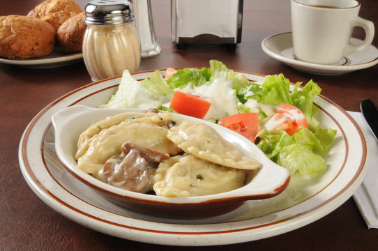 Chicken portabella ravioli and salad