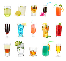 Lot of different cocktails and drinks isolated on white
