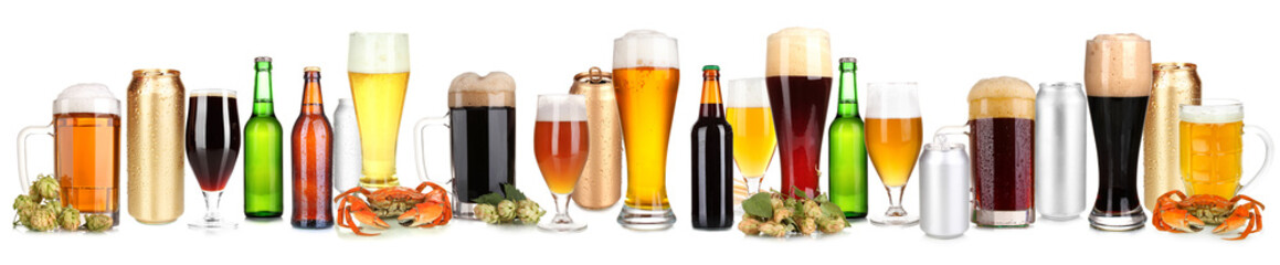 Lots of beer in different containers isolated on white
