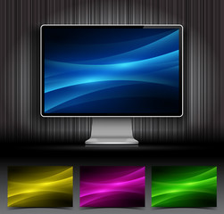 Vector digital monitor and four abstract backgrounds