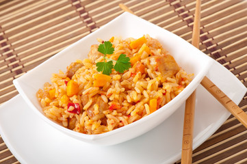 Uzbek national dish plov in a bowl