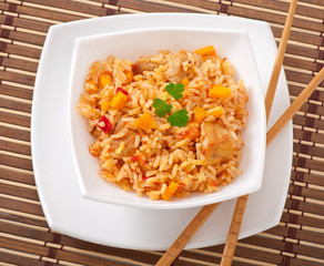 Uzbek national dish plov in a bowl