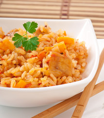 Uzbek national dish plov in a bowl