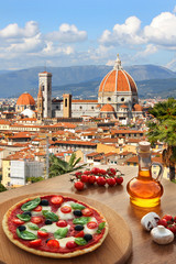 Florence with Cathedral and Italian pizza in Tuscany, Italy
