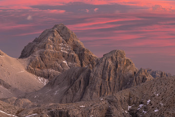 The last light over peaks nearby Croda dei Toni