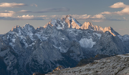 Golden painted summits of Dolomity at dawn - Panorama