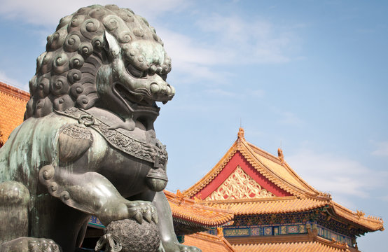 lion statue in front of Gate of Supreme Harmony, Forbidden City