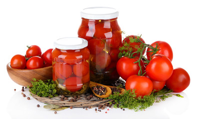 Tasty canned and fresh tomatoes, isolated on white