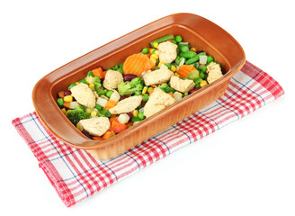 Casserole with vegetables and meat, isolated on white