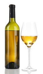 Wine bottle and wineglass with white wine, isolated on white