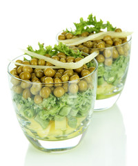 Tasty salad with fresh vegetables, isolated on white